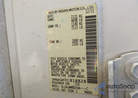 2012 Nissan Maxima 3.5 Sv z USA, uszkodzony, nr VIN 1N4AA5AP7CC818828